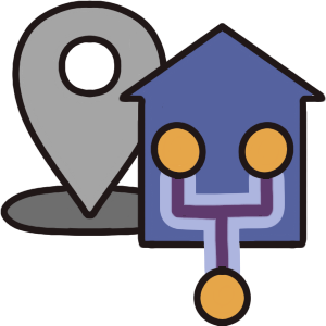 A blueish purple house with a genealogy chart overlaid on it. The chart extends beyond the house, so the child is outside the house while the two parents are in it. 